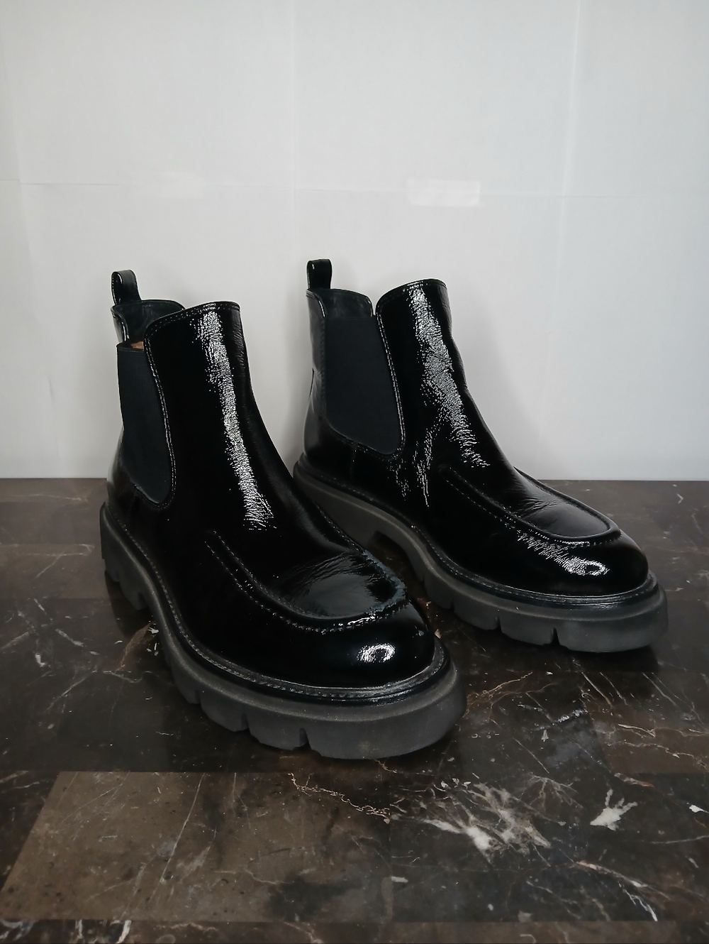 Patent Black Chelsea Lug Sole Ankle Boots